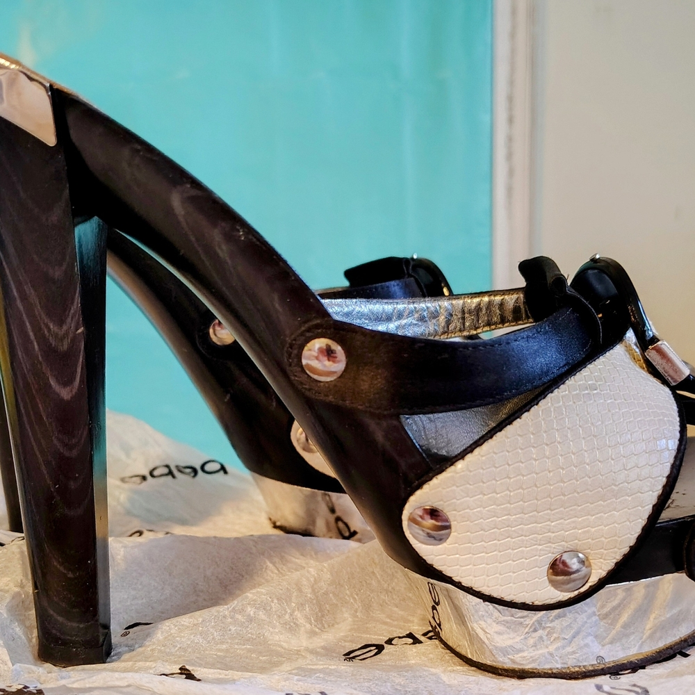 Bold Black and White Platform Heels with Ankle Strap